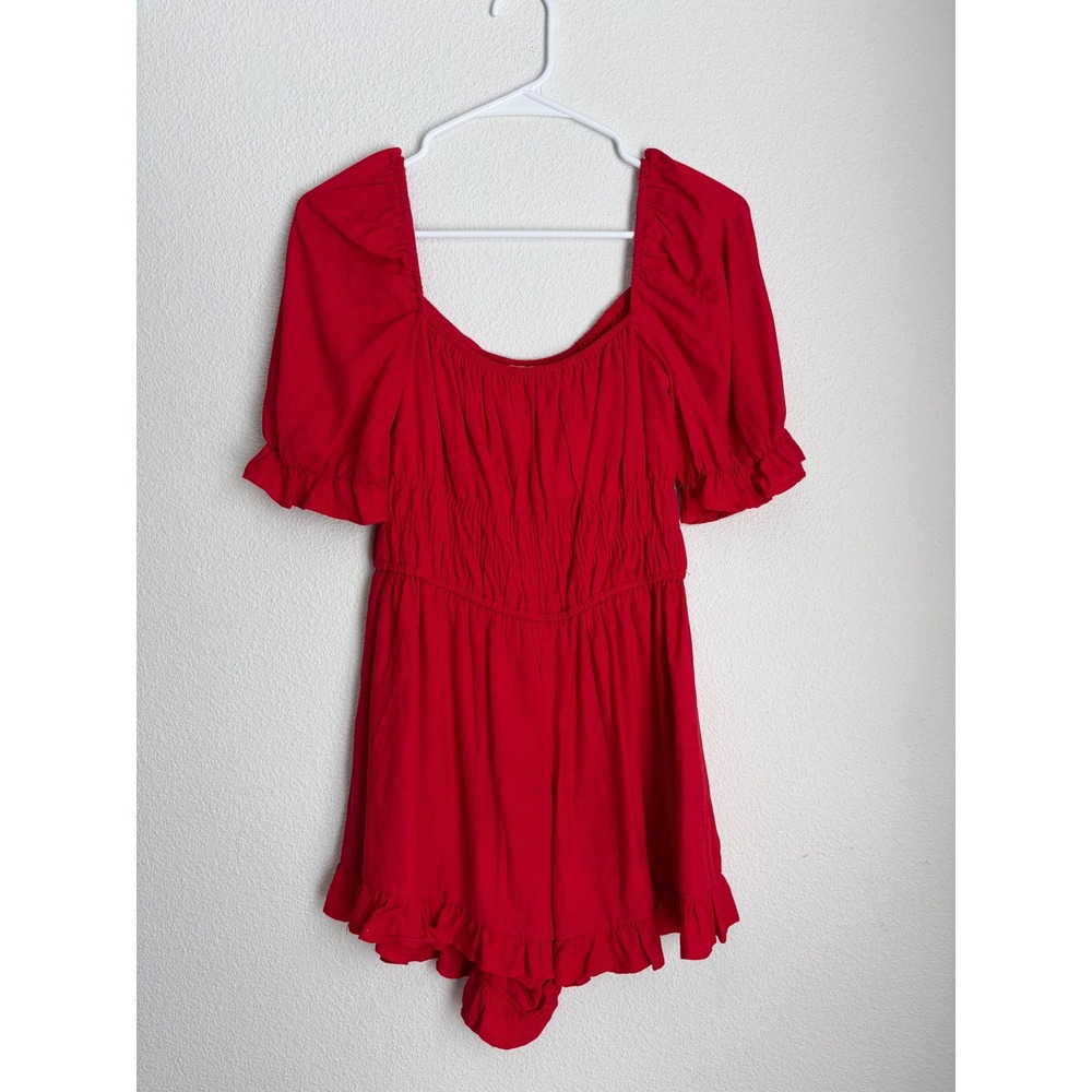 Blue Rain Red Smocked Waist Puff Sleeve Ruffle Romper‎ Women Small Cottagecore